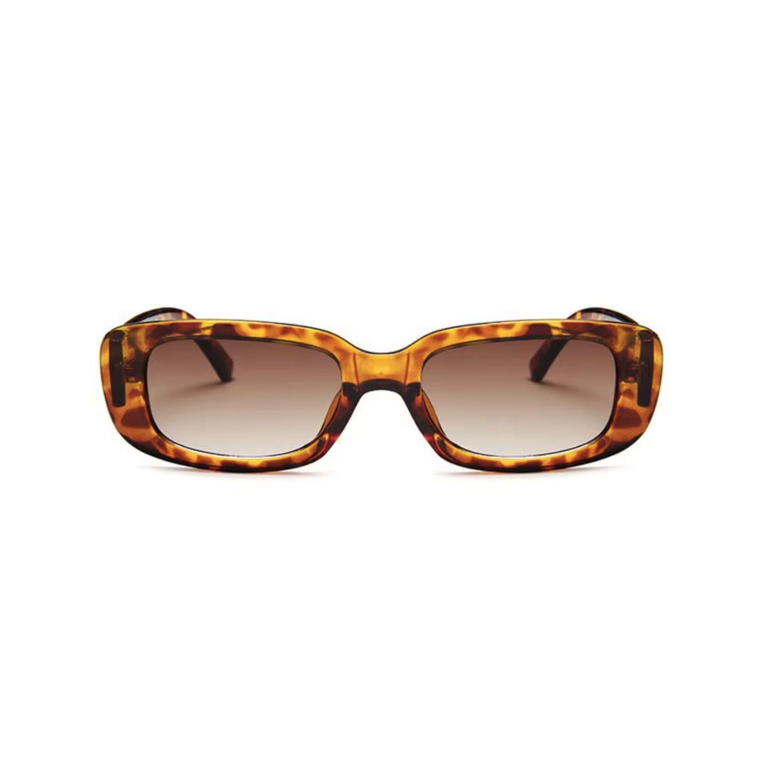 Tortoiseshell rectangular sunglasses with a thick, patterned frame and gradient brown lenses for a stylish and classic look.