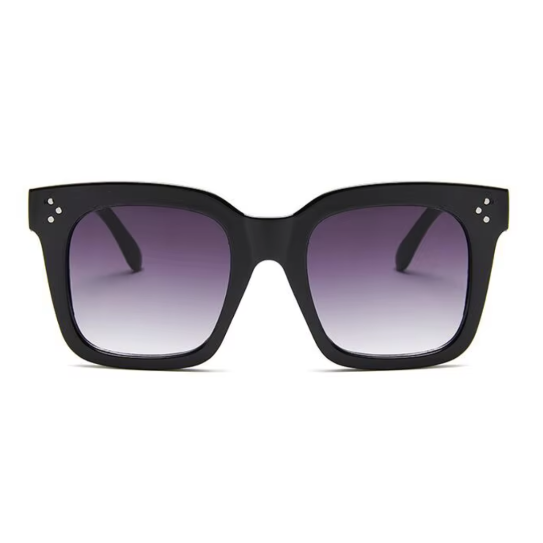 Oversized black square sunglasses with gradient purple lenses and subtle metal rivet details for a stylish and bold look.
