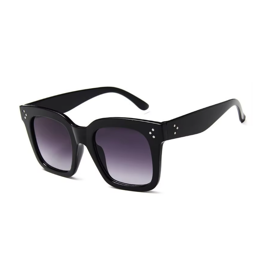 Oversized black square sunglasses with gradient purple lenses and subtle metal rivet details for a stylish and bold look.