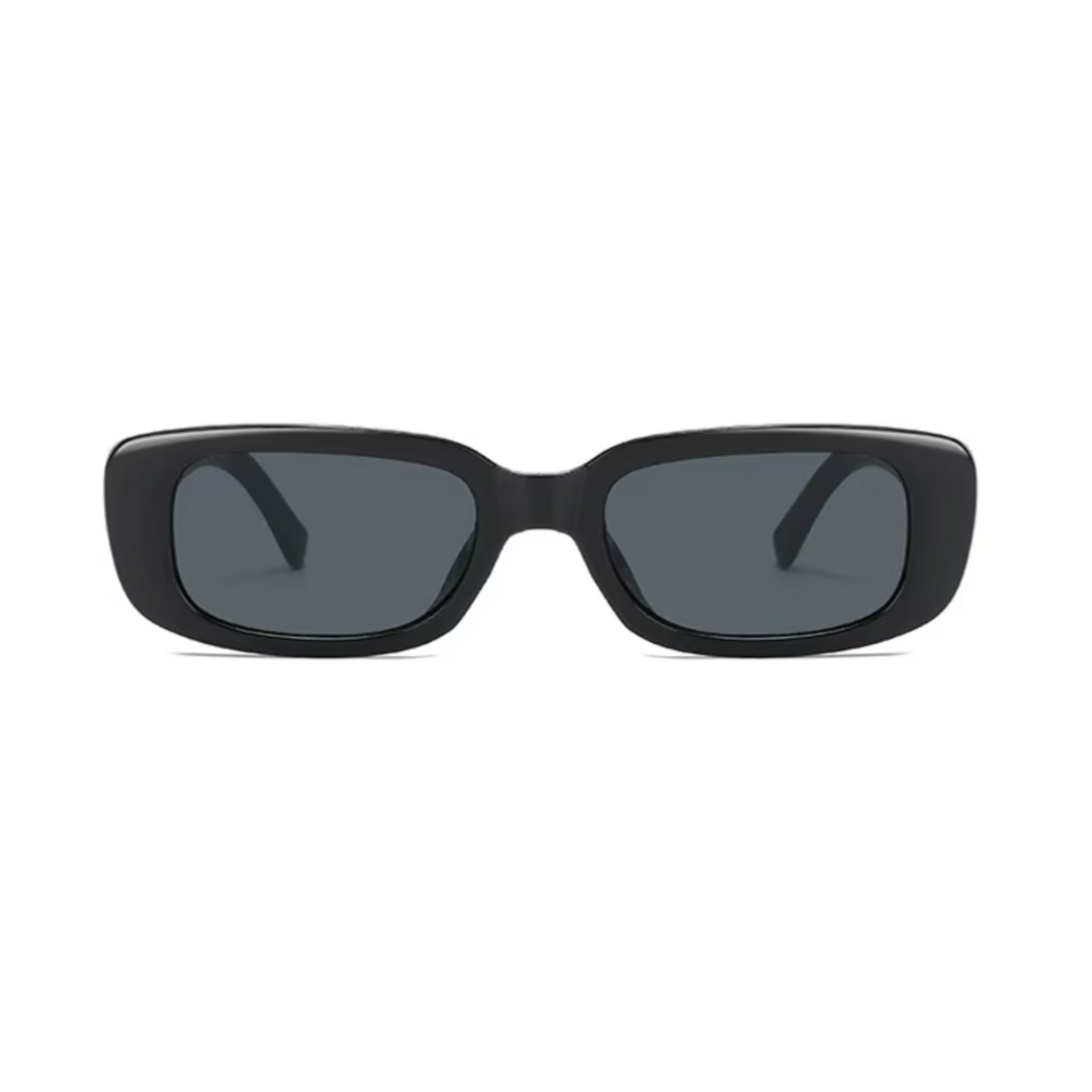 Black rectangular sunglasses with a thick frame and dark lenses, featuring a modern and stylish design.
