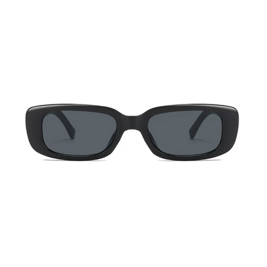 Black rectangular sunglasses with a thick frame and dark lenses, featuring a modern and stylish design.