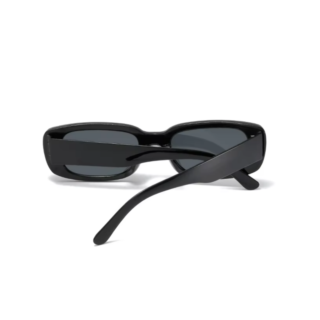 Black rectangular sunglasses with a thick frame and dark lenses, featuring a modern and stylish design.