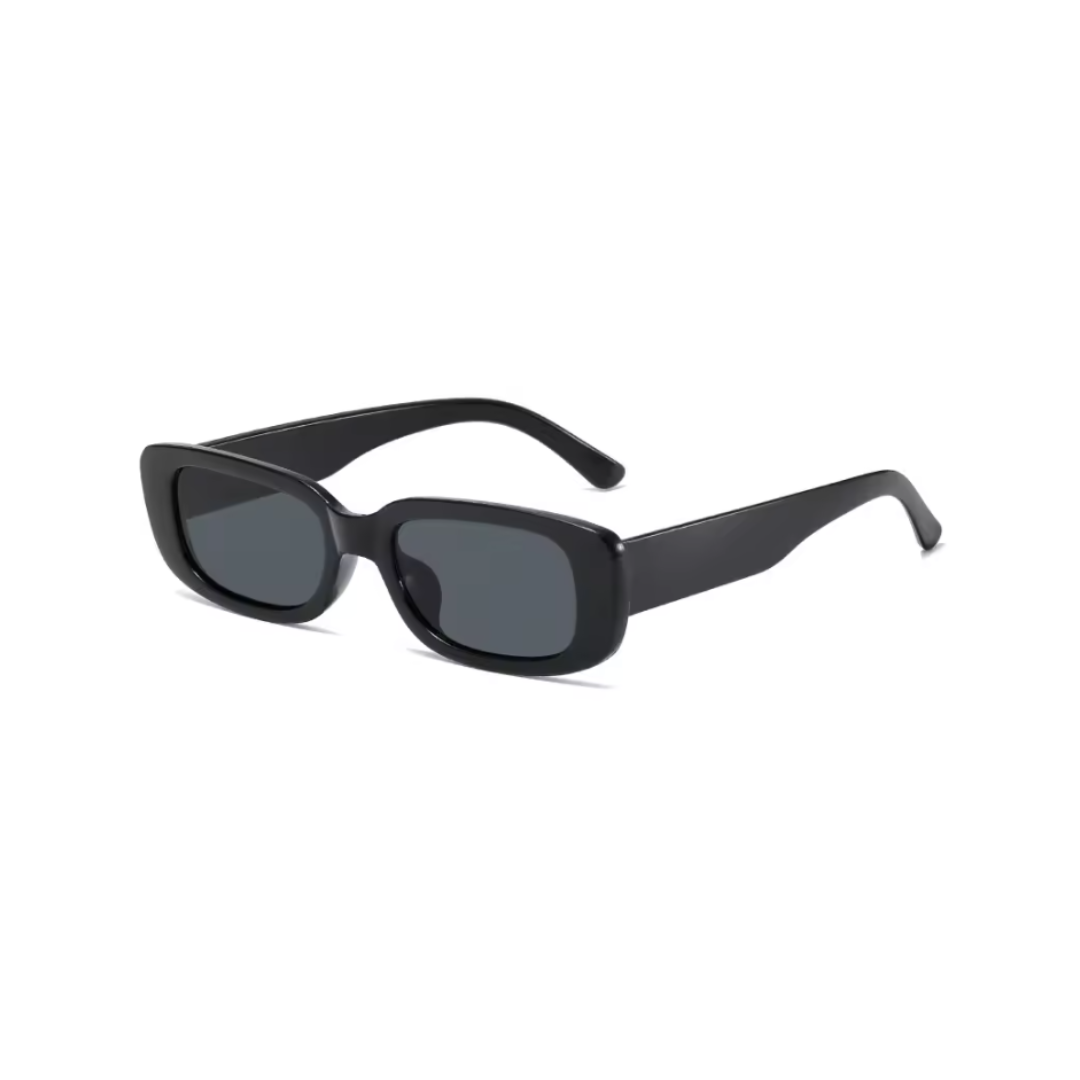 Black rectangular sunglasses with a thick frame and dark lenses, featuring a modern and stylish design.